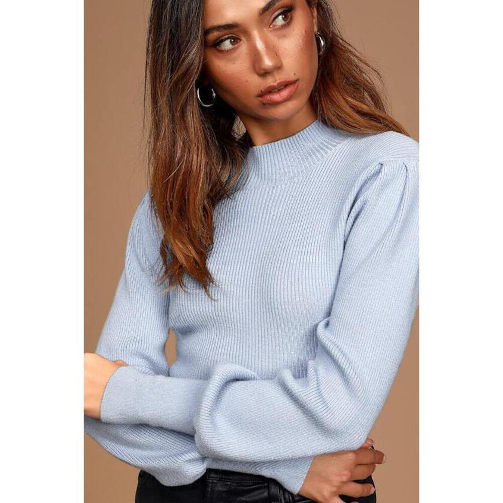 Lulus Casual Babe Periwinkle Ribbed Knit Mock Neck Sweater Top Blue - Size M